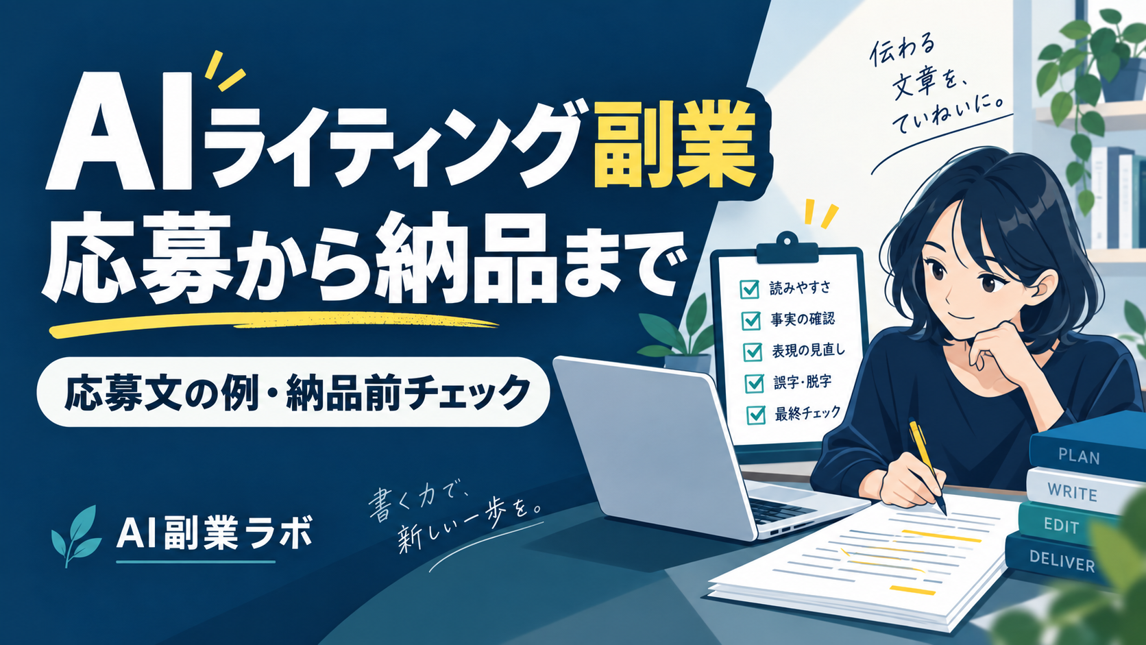 AIライティング副業の応募から納品まで。原稿を編集する人物と納品前のチェックリスト。