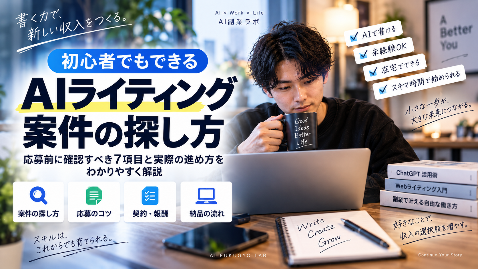 AIライティング案件の探し方と応募前に確認する7項目を示すアイキャッチ画像