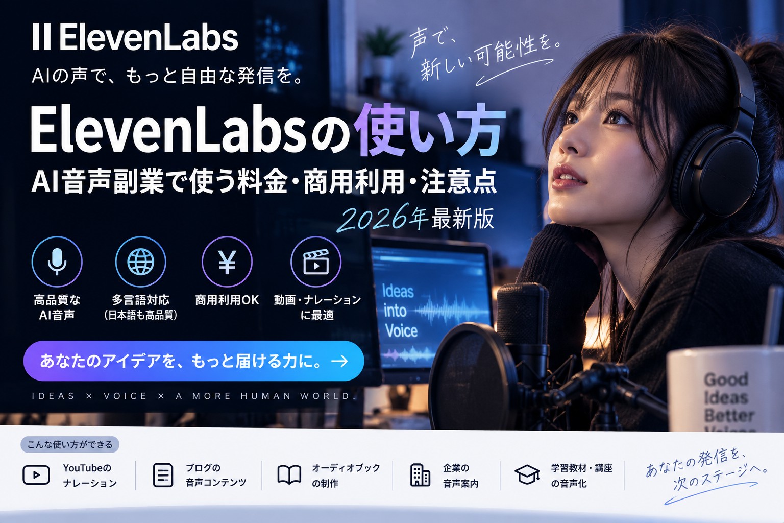 ElevenLabsの使い方：AI音声副業の料金・商用利用・注意点を紹介する画像。ヘッドホンを着けた人物とマイク