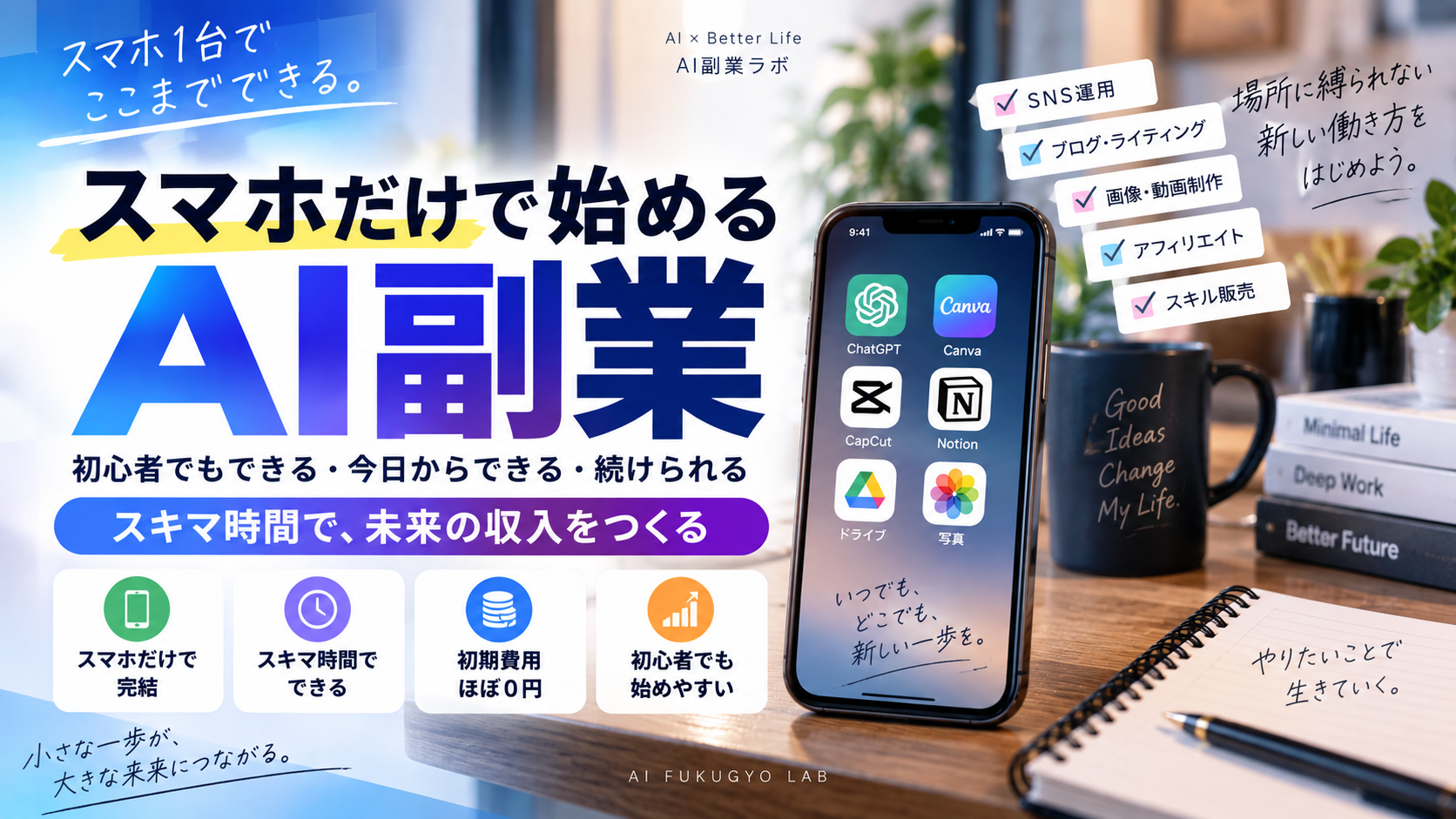 スマホだけで始められるAI副業と、PCが欲しくなる作業の違いを表したアイキャッチ画像